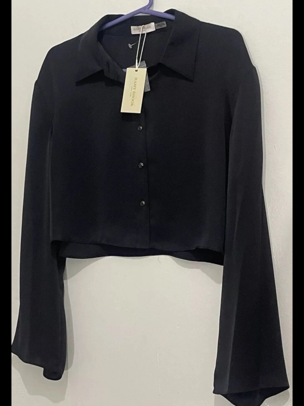 Ramy Brook Women’s Skyla Satin Button-Front Crop Top Shirt Black Sz XL NWT